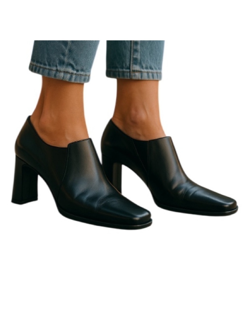 NINE WEST Black Square Toe Bootie Shoes Leather Heel High Vamp Witchy Size 7.5